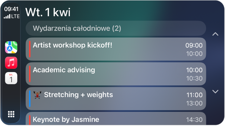 CarPlay z widocznymi na pasku bocznym ikonami aplikacji Mapy, Muzyka i Kalendarz. Po prawej widoczne są wydarzenia na poniedziałek piątego czerwca: sesja pracy nad portfolio, warsztaty umiejętności przywódczych, przygotowanie prezentacji oraz próba chóru.