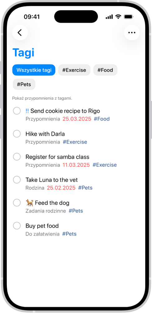 Lista przypomnień z tagami w aplikacji Przypomnienia. U góry widoczne są przyciski zawierające dodatkowe tagi, które można zastosować.