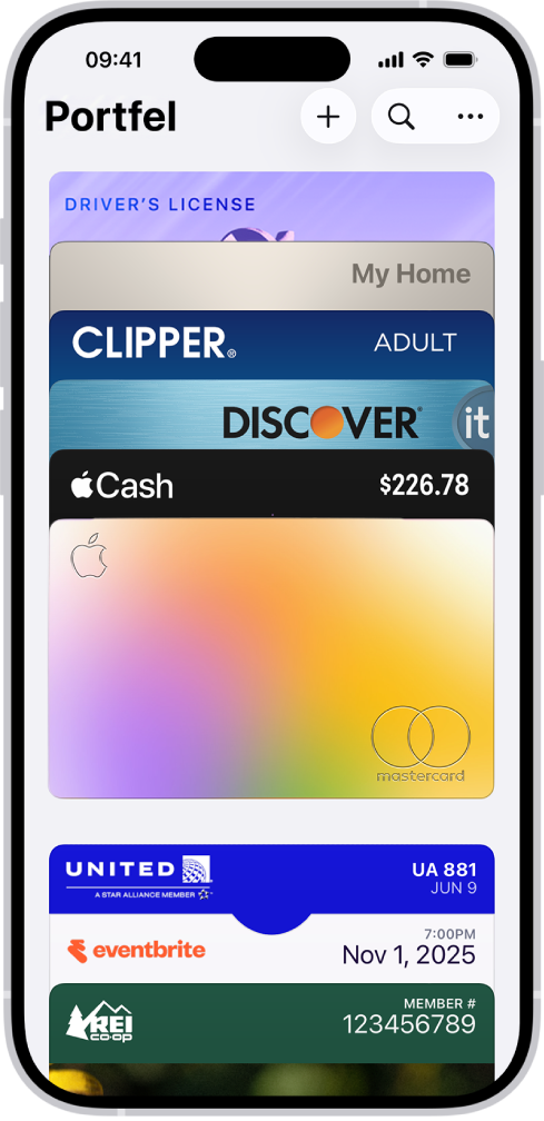 Ekran aplikacji Portfel z różnymi kartami płatniczymi i innymi.