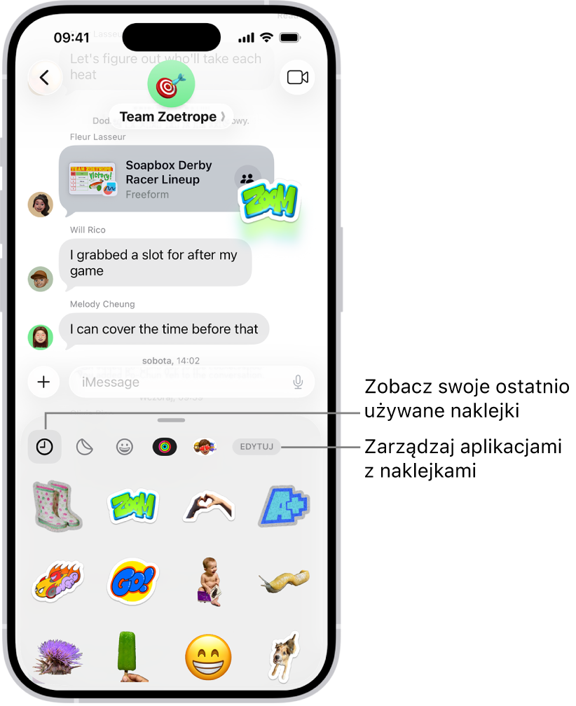 Naklejki widoczne poniżej rozmowy. Każdy z przycisków widocznych u góry karty otwiera zestaw naklejek.