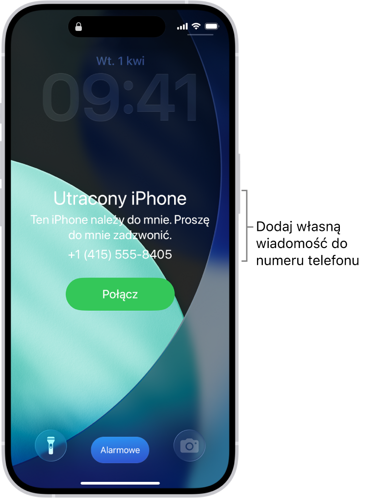 Ekran blokady iPhone’a, wyświetlający komunikat o utraceniu iPhone’a. Do numeru telefonu możesz dodać własną wiadomość.