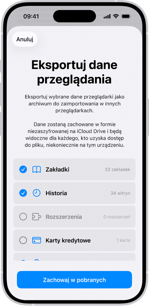 Ekran Eksportuj dane przeglądania. Widoczne są dane, które możesz wyeksportować z Safari do innej przeglądarki.