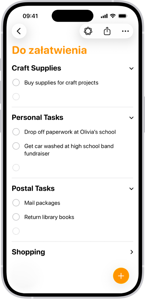 Lista w aplikacji Przypomnienia, zawierająca przypomnienia automatycznie skategoryzowane w osobnych sekcjach.