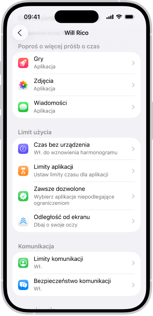 Ekran dotyczący dziecka w grupie rodzinnej, wyświetlający sekcję zawierającą prośby o więcej czasu.