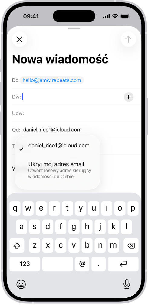Ekran redagowania wersji roboczej wiadomości. Pod wybranym polem Od widoczne są dwie opcje: użycia osobistego adresu email lub funkcji Ukryj mój adres email.