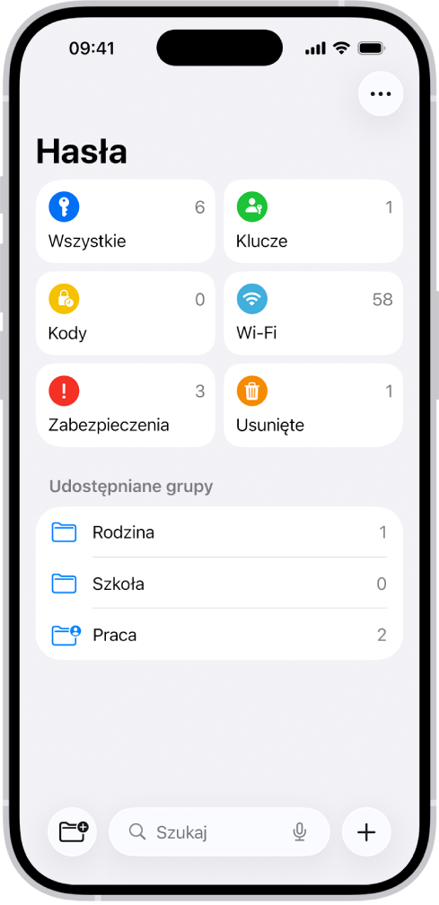 Ekran główny aplikacji Hasła, z przyciskami Wszystkie, Klucze, Kody weryfikacyjne, W-Fi, Zabezpieczenia i Usunięte, wraz z listą Udostępniane grupy.