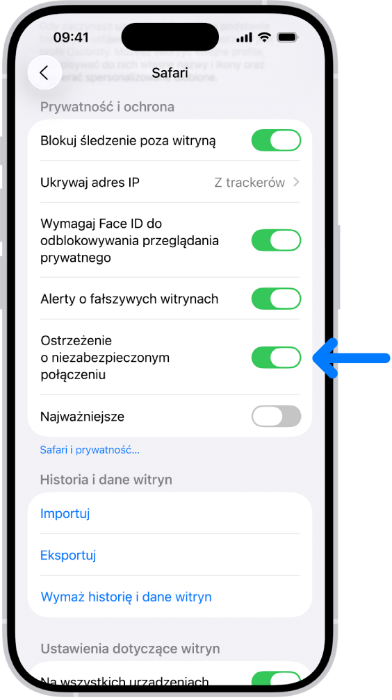 Opcja Ostrzeżenie o niezabezpieczonym połączeniu, znajdująca się w sekcji Prywatność i ochrona na ekranie Safari w Ustawieniach.