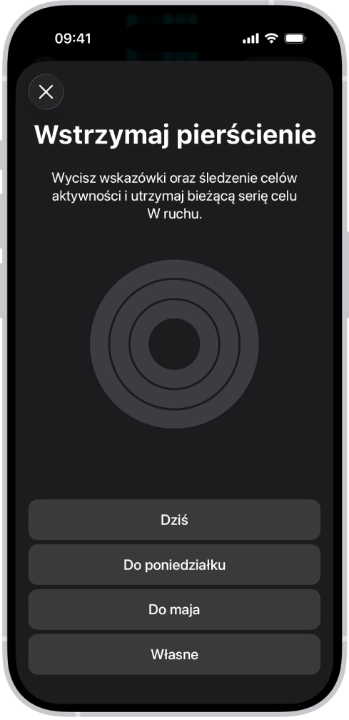 Ekran Wstrzymaj pierścienie w aplikacji Fitness. Widoczne są opcje dotyczące wstrzymywania pierścieni aktywności.