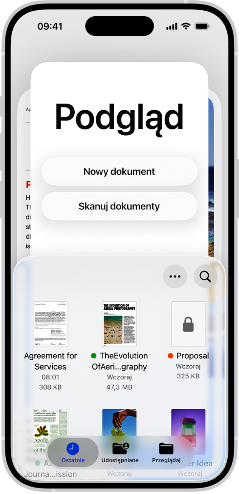 Ekran główny w aplikacji Podgląd, zawierający pliki PDF i obrazki. Na dole ekranu znajdują się karty: Ostatnie, Udostępniane oraz Przeglądaj.