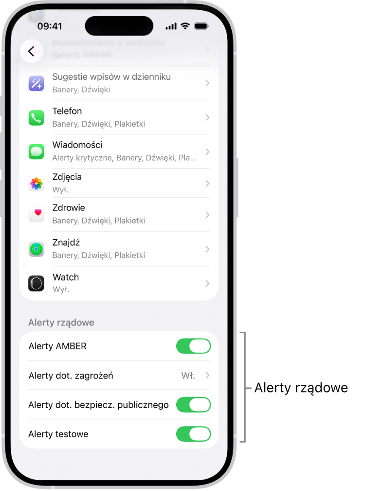 Ekran powiadomień z alertami rządowymi, które można włączyć, aby otrzymywać alerty.