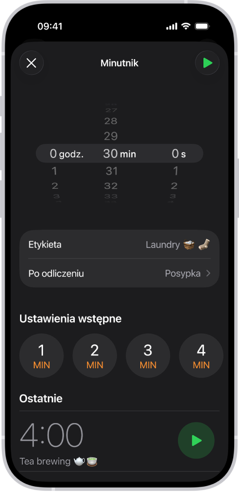 Ekran dodawania minutnika. Widoczne są ustawienia minutnika oraz przycisk umożliwiający uruchomienie ostatnio utworzonego minutnika.