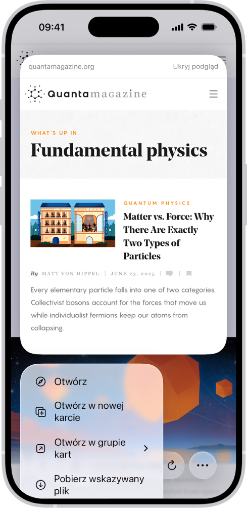 Podgląd witryny oraz lista dostępnych czynności: Otwórz, Otwórz w nowej karcie, Otwórz w grupie kart, Pobierz wskazywany plik oraz Dodaj do listy Czytelnia.