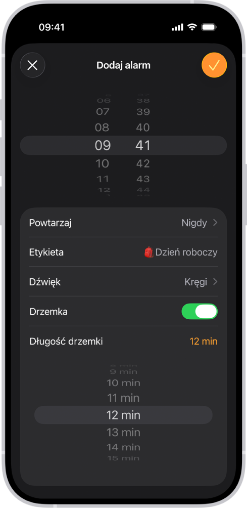 Ekran Dodaj alarm w aplikacji Zegar. Włączony jest przełącznik Drzemka, a długość drzemki ustawiona jest na 12 minut.
