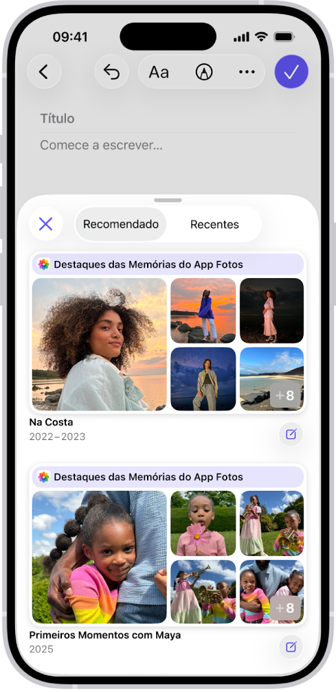 Uma tela no app Diário mostrando fotos em destaque como sugestões para escrever no diário.