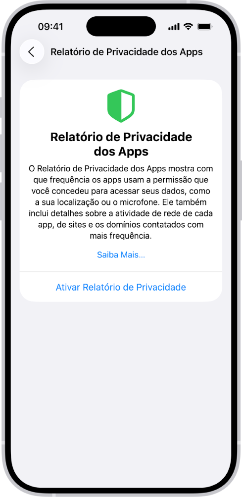 Relatório de Privacidade dos Apps, com informações sobre apps na categoria “Acesso a Dados e Sensores” e informações sobre apps na categoria “Atividade de Rede em Apps”.