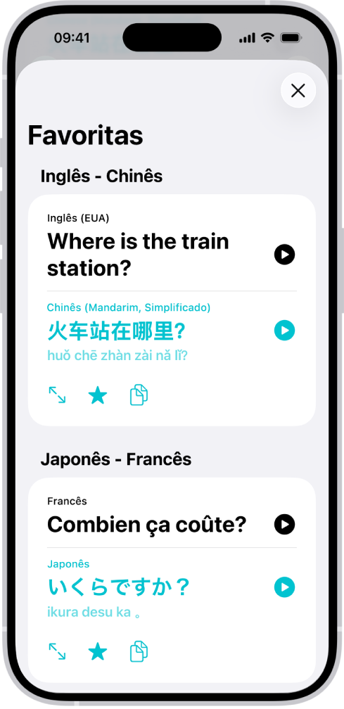 A aba Favoritas mostrando frases salvas traduzidas de inglês para chinês e de francês para japonês.