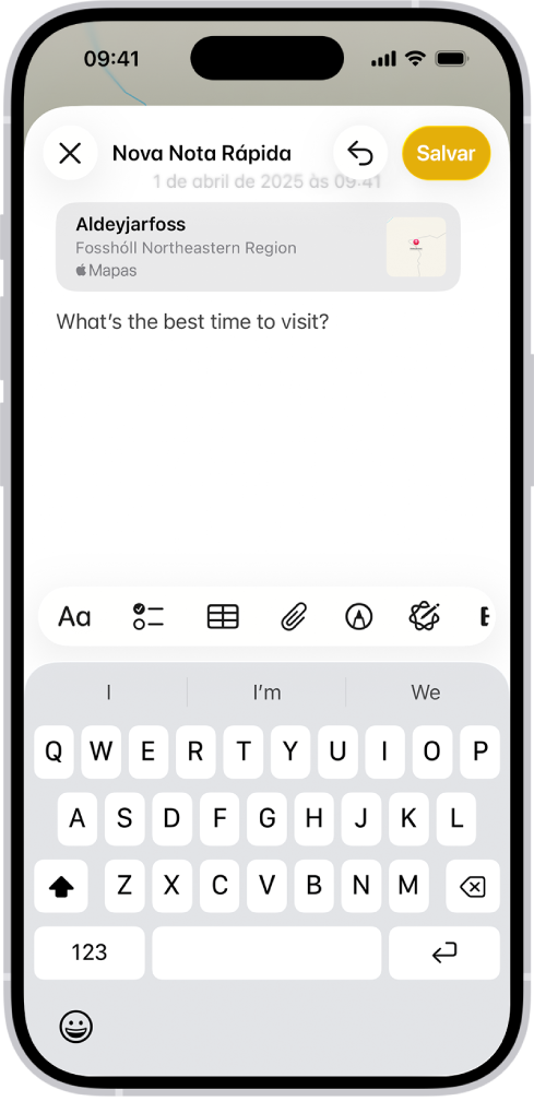 Nota Rápida mostrando um link para uma localização no app Mapas e texto abaixo. O botão Salvar está na parte superior esquerda.