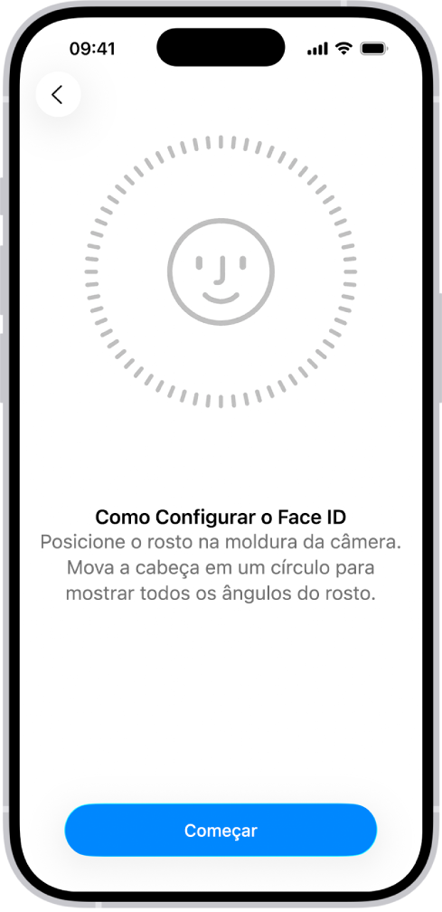 A tela de configuração de reconhecimento do Face ID. Um rosto é mostrado na tela, rodeado por um círculo. Um texto abaixo do rosto instrui o usuário a mover a cabeça lentamente para completar o círculo.
