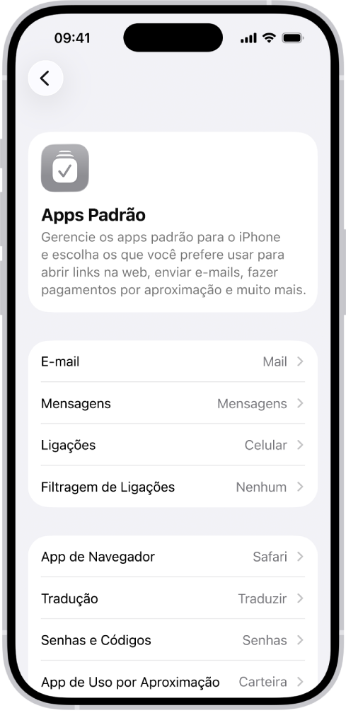 Tela para alterar os apps padrão de envio de e‑mail, navegação na internet e outros.