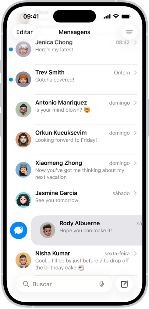 Uma lista de conversas no app Mensagens, com duas mensagens não lidas e uma sendo marcada como não lida.