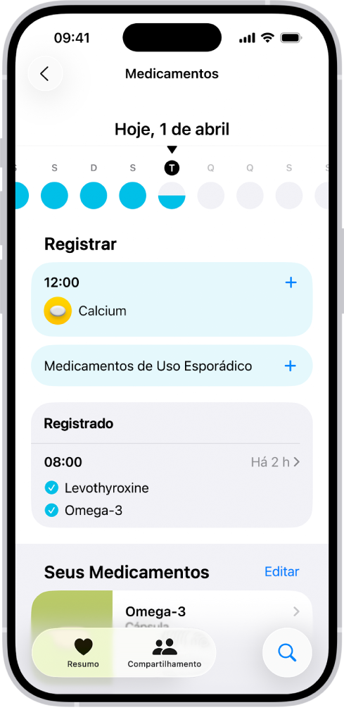 A tela Medicamentos no app Saúde mostrando a data e um registro de medicamentos.