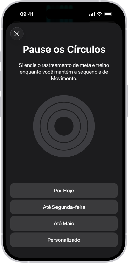 Tela “Pause os Círculos” no app Fitness, mostrando opções para pausar os círculos de Atividade.
