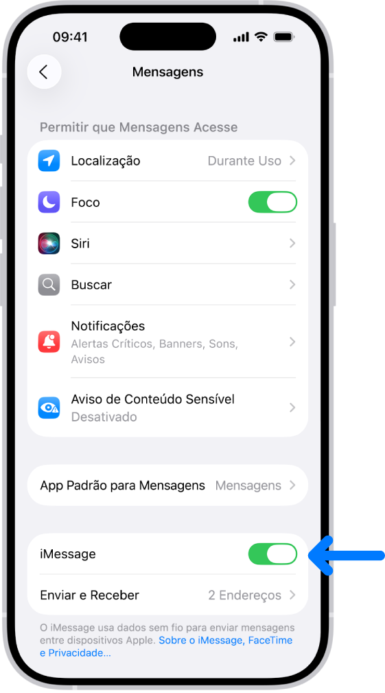 Painel de ajustes do app Mensagens com o iMessage ativado.