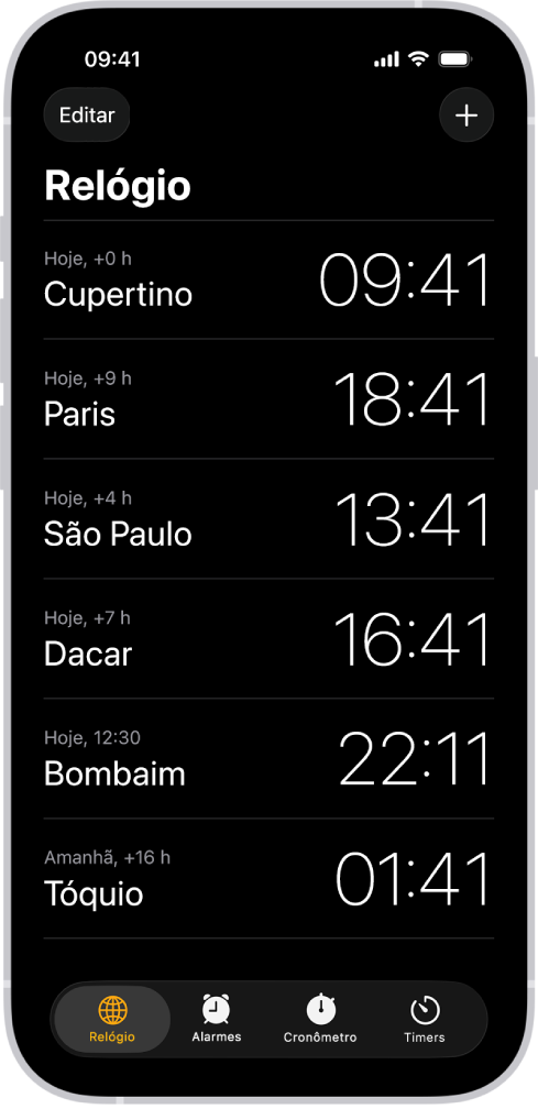 A aba Relógio, mostrando a hora em várias cidades. O botão Editar, próximo ao canto superior esquerdo, permite reordenar ou apagar relógios. O botão Adicionar, próximo ao canto superior direito, permite adicionar mais relógios. Os botões Relógio, Alarme, Cronômetro e Timers estão ao longo da parte inferior.