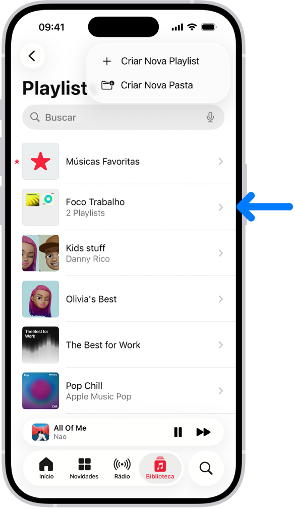 A aba Biblioteca mostrando a lista de playlists. Na parte superior estão os botões para criar uma nova playlist ou criar uma nova pasta. Uma seta azul está apontando para uma pasta de playlist chamada Foco Trabalho.