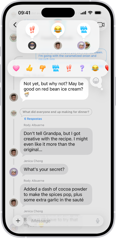Conversa no app Mensagens, com atribuições de Tapbacks visíveis perto da parte superior da tela e o menu de Tapbacks visível sobre uma mensagem.