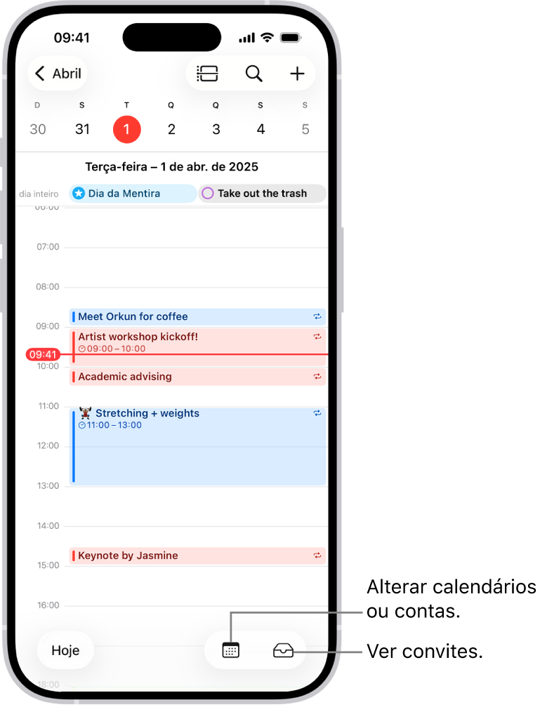 Um calendário na visualização Diária mostrando os eventos do dia. O botão Calendários está na parte inferior central da tela, e o botão Caixa de Entrada está abaixo à direita.