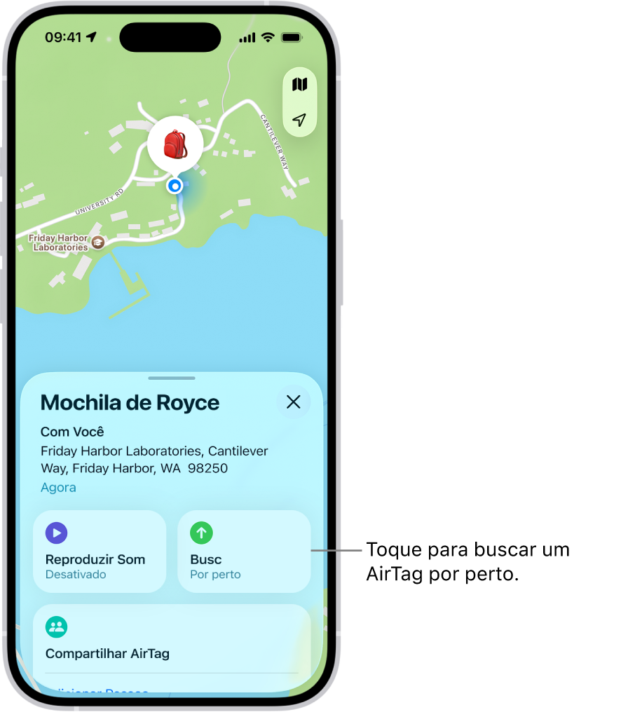 O app Buscar aberto, mostrando as chaves de Dani no Parque Golden Gate. Toque no botão Buscar para localizar um AirTag por perto.