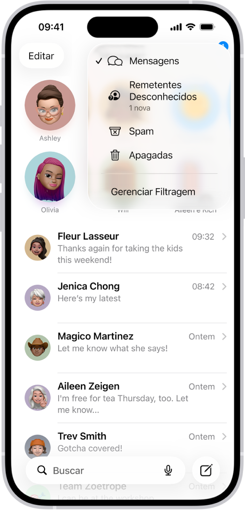 Uma lista de conversas no app Mensagens. Todas as mensagens estão aparecendo porque não há nenhum filtro selecionado no menu Filtrar.