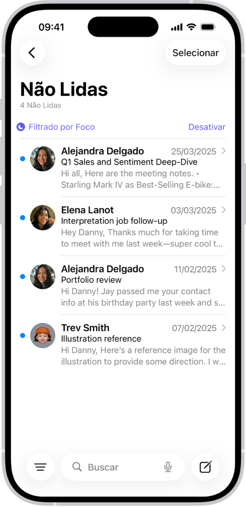 Caixa de Entrada, mostrando uma lista de mensagens. Acima da lista de mensagens está a etiqueta Filtrado por Foco e, à direita disso, a opção Desativar.