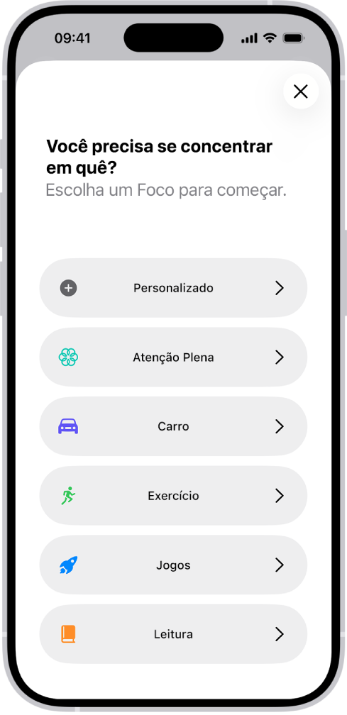Tela de configuração de Foco para as opções adicionais de Foco fornecidas, incluindo Personalizado, Carro, Exercício, Jogos, Atenção Plena e Leitura.
