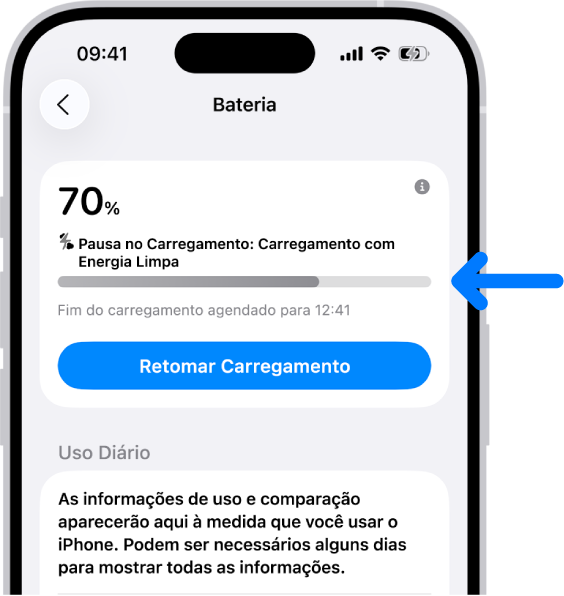 O cartão de informações de carregamento nos ajustes de Bateria do iPhone. O cartão mostra a bateria a 70% com a mensagem “Carregamento em Espera: Carregamento com Energia Limpa”. Está agendado para terminar até as 12:41, com a opção de “Retomar Carregamento”.