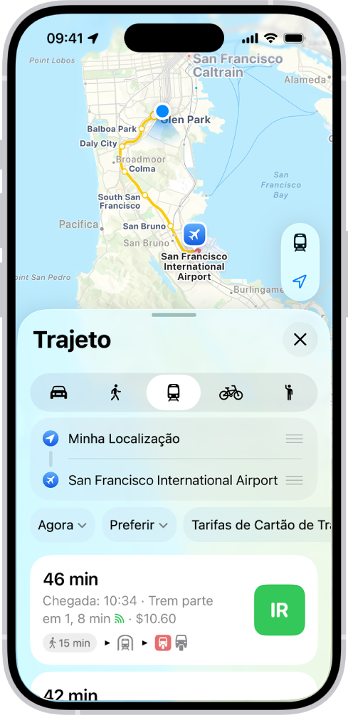 Um mapa mostrando rotas de transporte público. O cartão de rota na parte inferior fornece detalhes da rota, incluindo o tempo de viagem estimado e custo total. Um botão Ir aparece à direita dos detalhes.