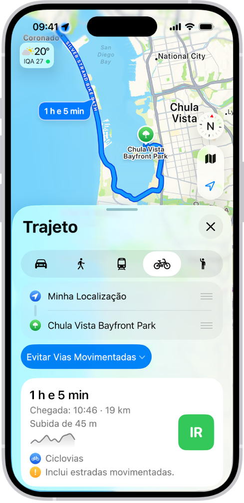 Um mapa mostrando opções de rota de bicicleta. O cartão de rota na parte inferior fornece detalhes, incluindo os tempos de viagem estimados, alterações de elevação e os tipos de vias. Um botão Ir aparece à direita dos detalhes.