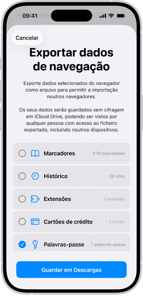 O ecrã “Exportar dados de navegação” com a opção “Palavras‑passe” assinalada para exportação para outro gestor de palavras‑passe.