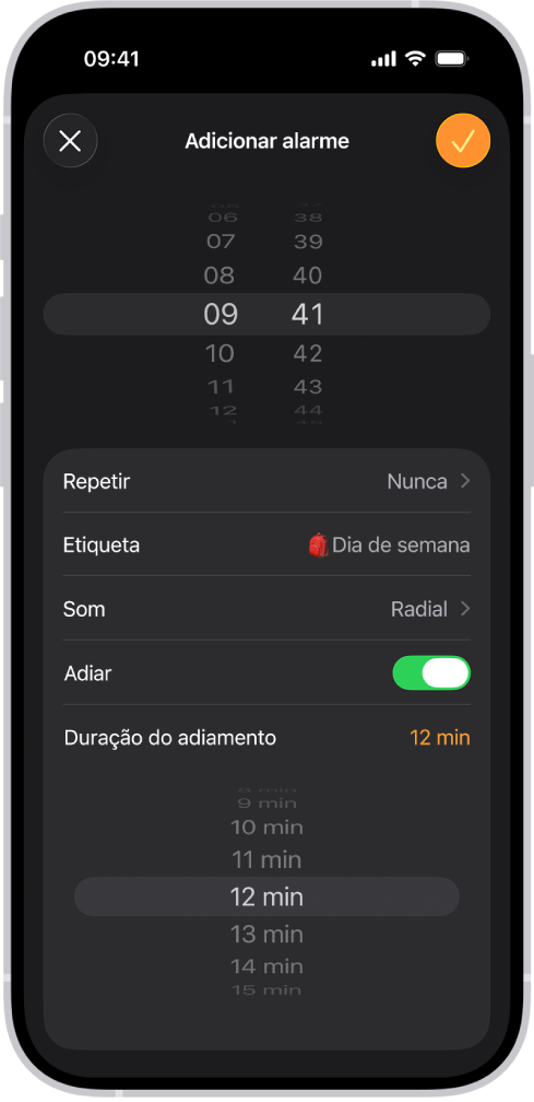 O ecrã “Adicionar alarme” na aplicação Relógio. O botão “Adiar” está ativado e a opção “Duração do adiamento” está definida para um tempo personalizado de 12 minutos.