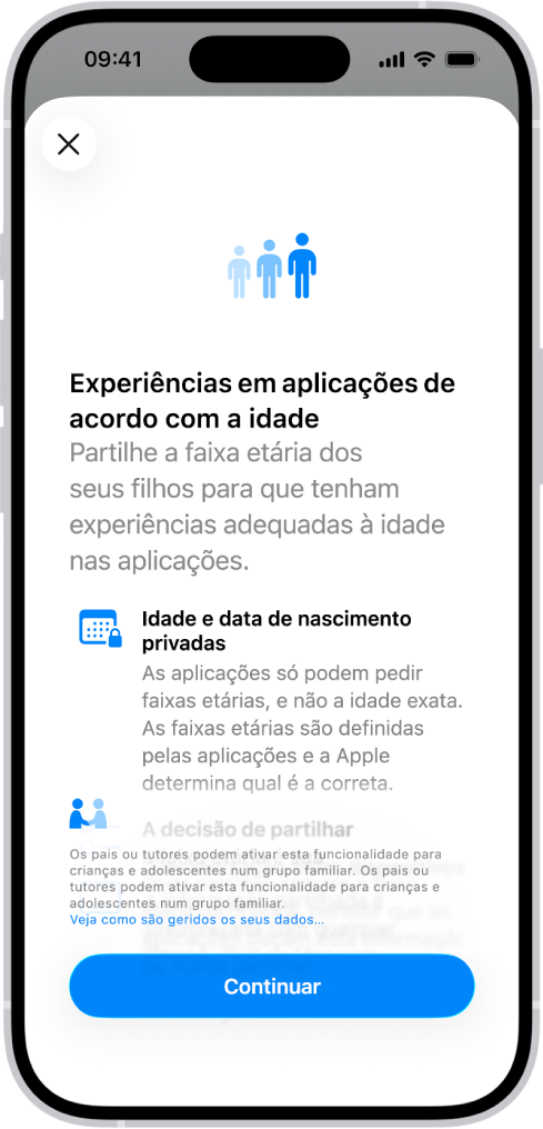 O ecrã de introdução das funcionalidades Experiências em aplicações de acordo com a idade.