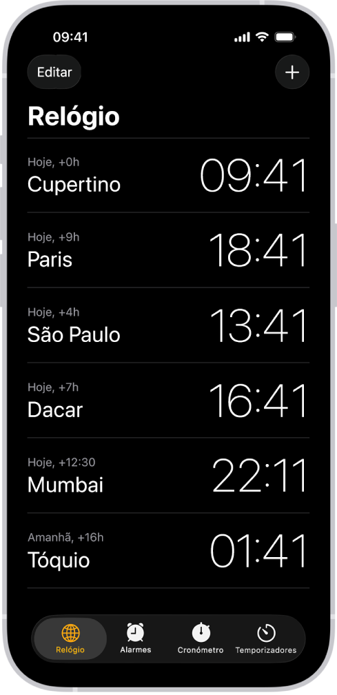 O separador “Relógio mundial” a mostrar as horas em várias cidades. O botão “Editar” junto ao canto superior esquerdo permite reordenar ou apagar relógios. O botão “Adicionar” junto ao canto superior esquerdo permite adicionar mais relógios. Os botões Relógio, Alarme, Cronómetro e Temporizadores ao longo da parte inferior.