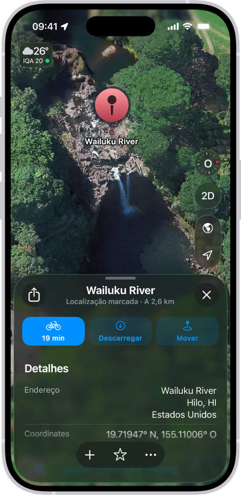 Um mapa mostra um alfinete num parque. Sob este, aparecem botões para obter indicações para o alfinete, descarregar a sua área circundante ou para mover.