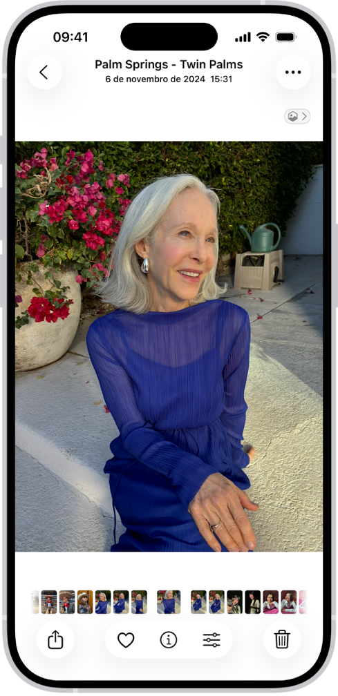 Uma fotografia aberta com miniaturas de outras fotografias no fundo do ecrã. Na parte superior esquerda encontra-se um botão “Anterior” para voltar à navegação.