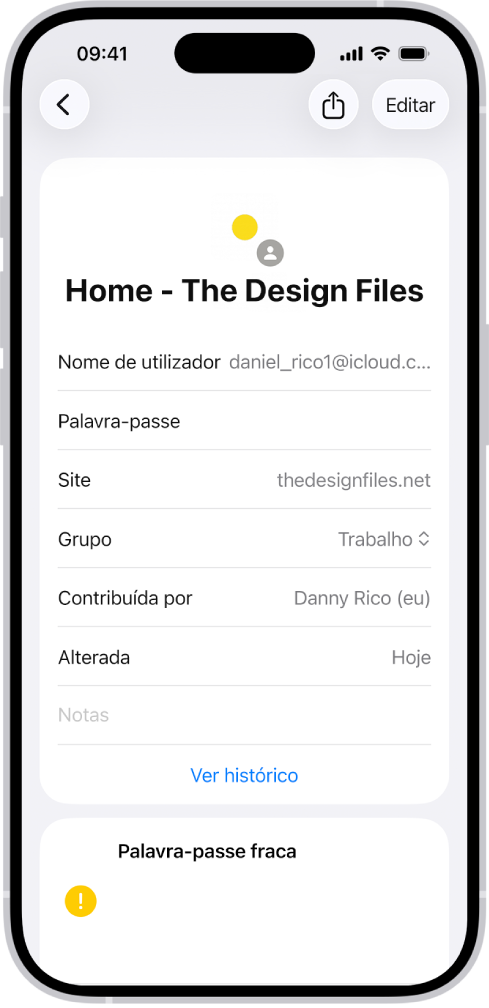 A aplicação Palavras-passe a mostrar detalhes de uma conta, incluindo nome de utilizador, palavra-passe e website.