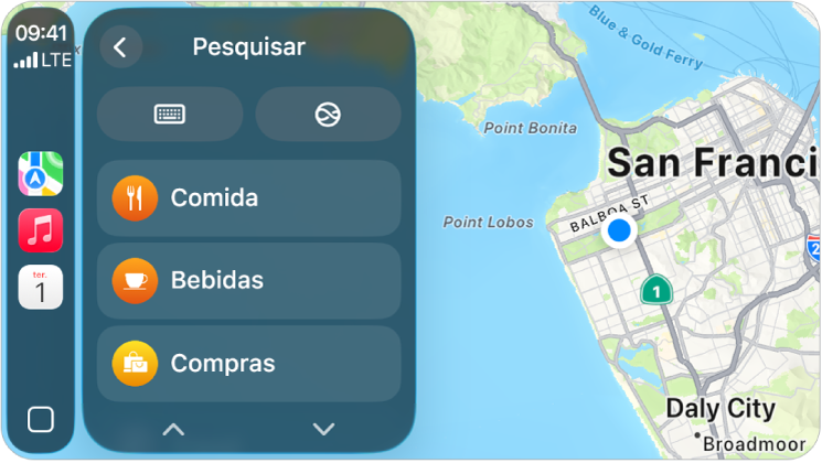 O ecrã “CarPlay” a mostrar um mapa de São Francisco. À direita está os botões de local, 3D, comunicar um perigo e ampliar/reduzir. Na parte inferior do ecrã estão os botões “Pesquisar” e “Destino”.