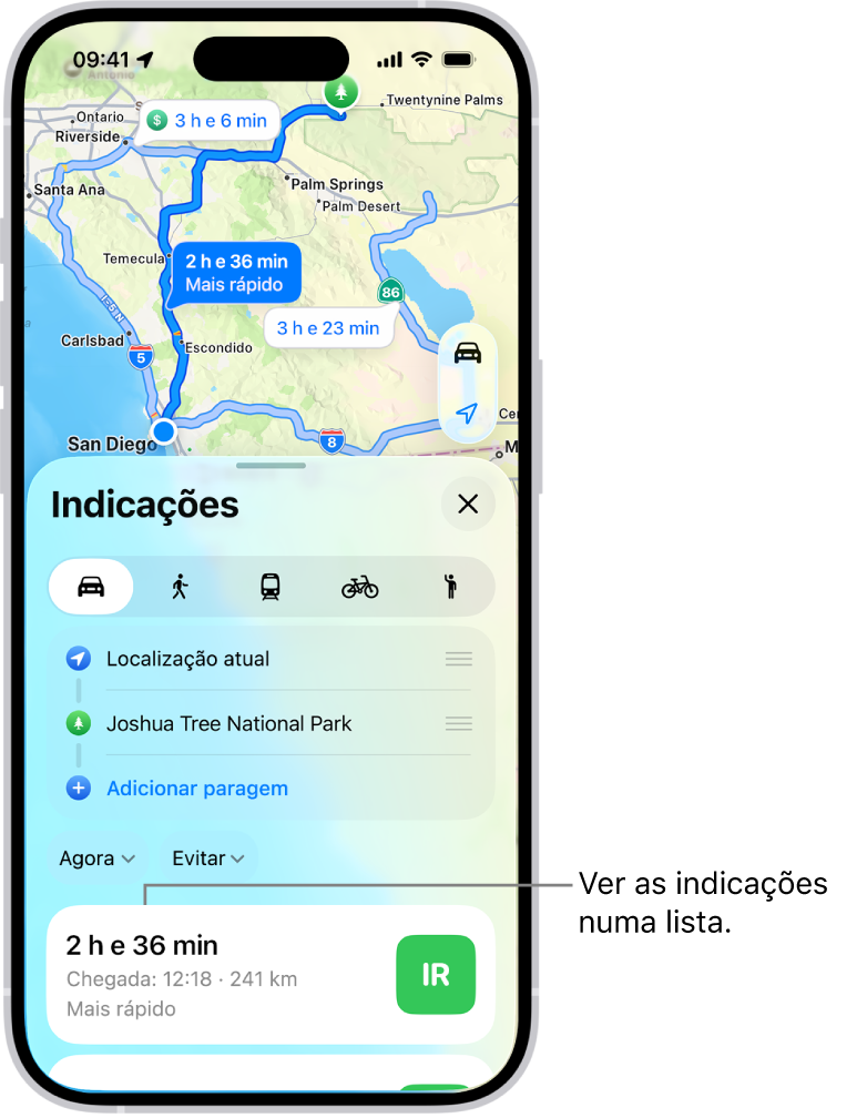 Uma ficha com várias opções de itinerário.