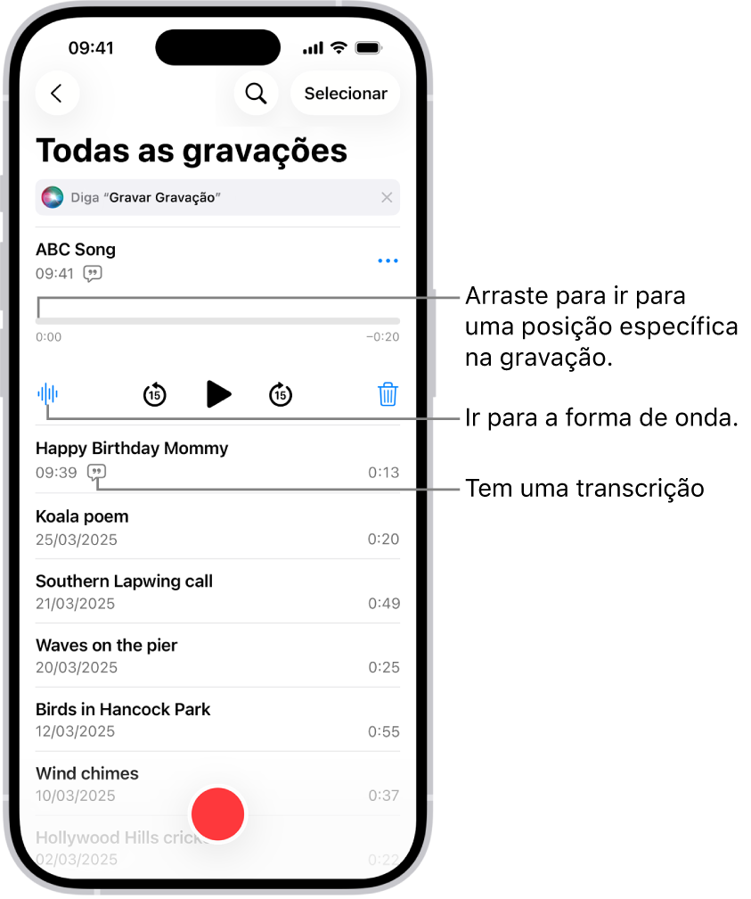 O ecrã da lista da aplicação Dictafone com uma gravação selecionada na parte superior. O cronograma de gravação tem um cursor de reprodução, que pode arrastar para ir para um local específico da gravação. Os controlos de reprodução estão por baixo do cronograma.