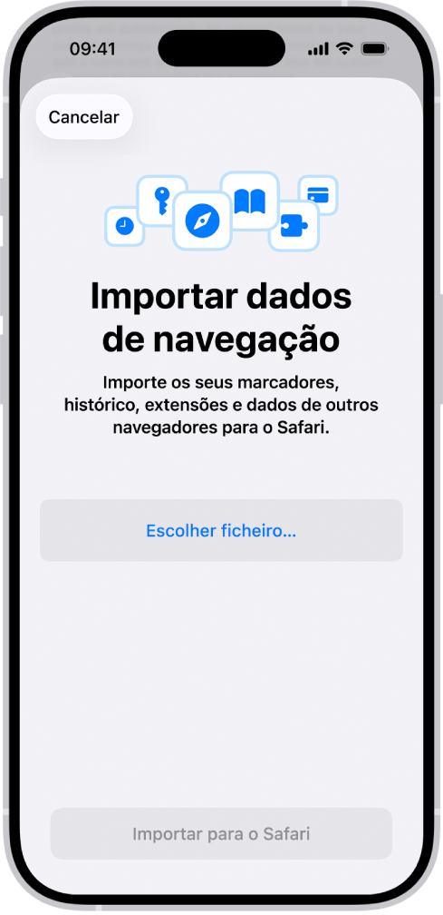 O ecrã “Importar dados de navegação” a pedir-lhe para selecionar um ficheiro para importar.