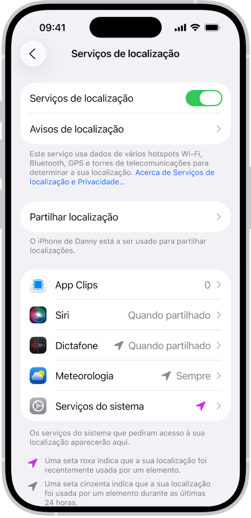 O ecrã “Serviços de localização” com definições para a partilha da localização do iPhone com aplicações.